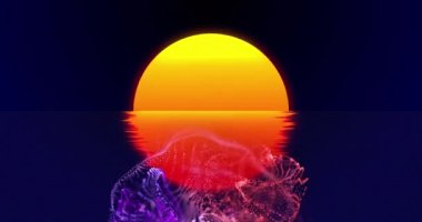 Animation of shapes over sea and sun. Retro future and digital interface concept digitally generated video.