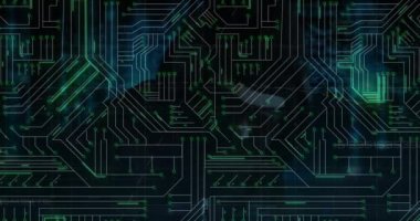 Animation of microprocessor connections over male hacker using laptop. Cyber security and business technology concept