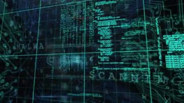 Animation of cyber security data processing over microprocessor connections on black background. Cyber security and business technology concept