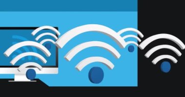 Animation of wifi icons over computer. Global business and digital interface concept digitally generated video.