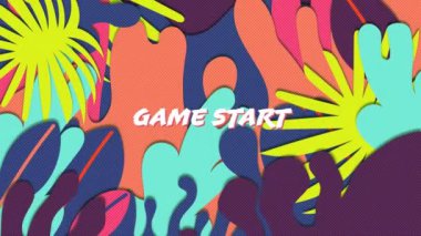 Animation of game start text against colorful abstract patterned digital interface of video game. Digital composite, communication, illustration, creativity, art, culture and entertainment.