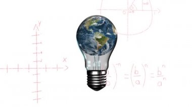 Animation of light bulb with globe over mathematical equations on white background. Global science, technology and digital interface concept digitally generated video.