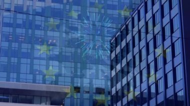 Animation of fireworks exploding over european union flag and map against tall buildings. European union and business concept