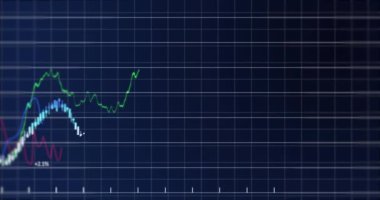 Digital animation of financial data processing over grid network against blue background. Global finance and business technology concept