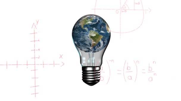 Animation Light Bulb Globe Mathematical Equations White Background Global Science — Stock video