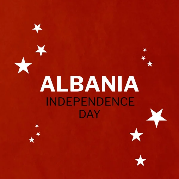 Composition of albania independence day text over stars on red background. Albania independence day and celebration concept digitally generated image.