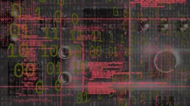 Animation of data processing over computer circuit board on black background. Global technology, computing and digital interface concept digitally generated video.