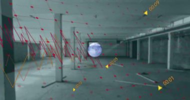Animation of data, graphs with grids moving on rotating globe against building interior. Digital composite, global business, technology, finance, economy, development, architecture.
