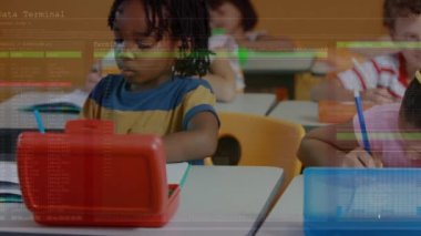 Animation of data processing over hispanic girl studying in the class at school. School and education technology concept