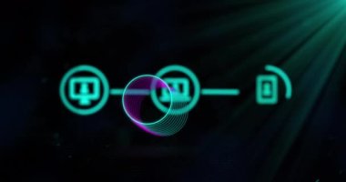 Animation of icons and circles over light trails. Global business and digital interface concept digitally generated video.