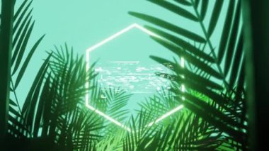 Animation of start text in and hexagon in white neon, over palm leaves on aqua blue. Game screen and data processing interface, retro future concept digitally generated video.