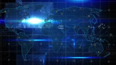 Animation of data processing over world map on black background. Global connections, computing and digital interface concept digitally generated video.