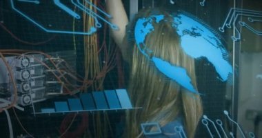 Animation of round scanner and data processing over caucasian female engineer working at server room. Computer interface and business data storage technology concept