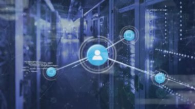Animation of network of connections with icons and data processing over server room. Global connections, computing and digital interface concept digitally generated video.