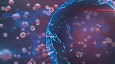 Animation of spinning globe over multiple covid-19 cells floating against world map. Medical research and global networking technology concept