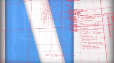 Animation of abstract triangle shapes and data processing against computer server room. Business data storage technology concept