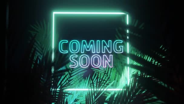 Animation Coming Soon Text Square Frame Blue Neon Palm Leaves — Stockvideo