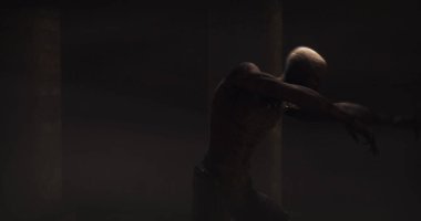 Image of scary zombie mummy walking around in dark crypt room. Halloween fear, horror and suspense concept digitally generated image.