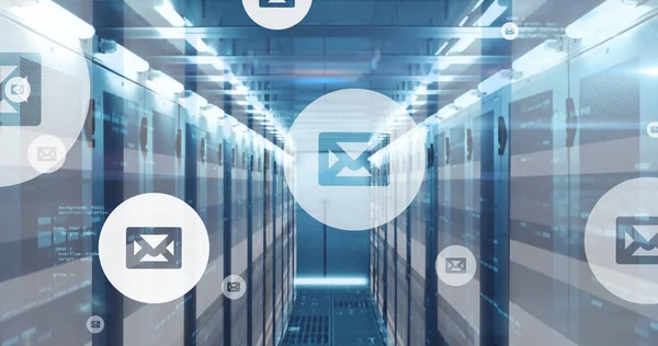 Image of envelope icons and data processing over computer servers. Global social media, computing, data processing and digital interface concept digitally generated image.