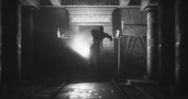 Image Scary Zombie Mummy Walking Dark Crypt Burning Torches Black — 图库照片