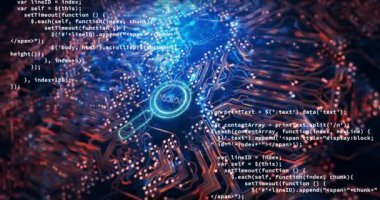 Animation of mission text over reading glass and data processing. Global business and digital interface concept digitally generated video.