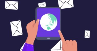 Animation of envelopes over hands using tablet. Social media, travel and digital interface concept digitally generated video.