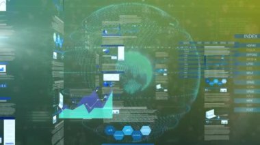 Animation of digital screen with diverse data, globe and graphs. Data processing, digital interface and technology concept digitally generated video.