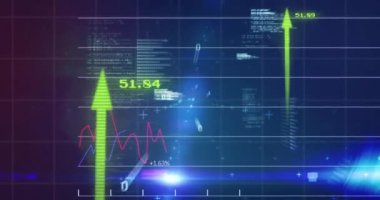 Animation of financial data processing with arrows on black background. Global business, finances and digital interface concept digitally generated video.