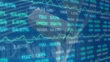 Animation of financial data and graphs over wind turbine. Green energy, eco power, finance and eco awareness concept digitally generated video.