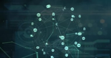 Animation of globe of digital icons over digital interface with data processing on blue background. Computer interface and business technology concept