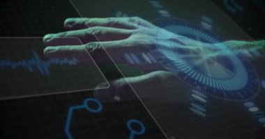 Animation of caucasian man scanning hand with hud processing on digital interface. Digital composite, multiple exposure, artificial intelligence, biometrics, accessibility, identity, technology.