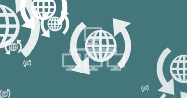 Animation of globe icons over computers. Global business and digital interface concept digitally generated video.