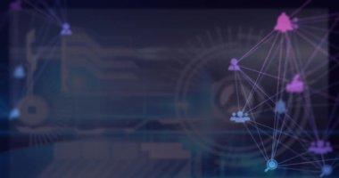 Animation of globe of digital icons spinning over digital interface with data processing. Computer interface and business technology concept