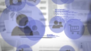 Animation of people and shopping cart icons with data processing over city office. Global communication, business, data and digital interface concept digitally generated video.