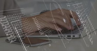 Animation of data processing over hands using laptop. Global business and digital interface concept digitally generated video.