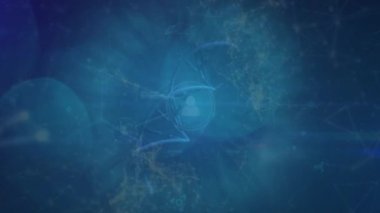 Animation of dna structure spinning and network of profile icons against blue background. Medical research and business technology concept