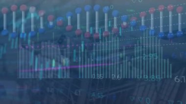 Animation of data processing over dna strand. Global business, national flags and digital interface concept digitally generated video.