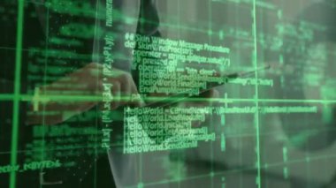 Animation of data processing over caucasian businessman using digital tablet at office. Computer interface and business technology concept