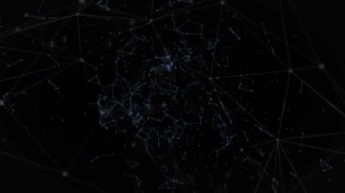 Digital animation of blue light trails falling over network of connections against black background. Medical research and science technology concept
