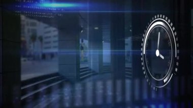 Animation of ticking clock and data processing against city street traffic. Computer interface and business technology concept