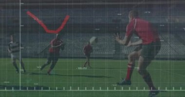 Animation of red graphs over team of diverse male rugby players playing rugby on sports field. Sports and fitness technology concept
