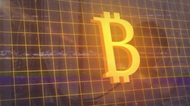 Animation of interference and bitcoin symbol on grid over businessman using telephone. Global communication, cryptocurrency, bsuiness and digital interface concept digitally generated video.