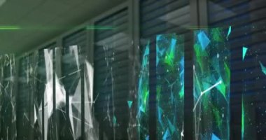 Animation of screens of network of connections and plexus networks against computer server room. Business data storage technology concept