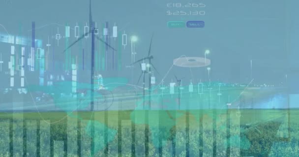Анимация Графиков Движущихся Против Ветряных Турбин Городским Пейзажем Цифровые Комиксы — стоковое видео