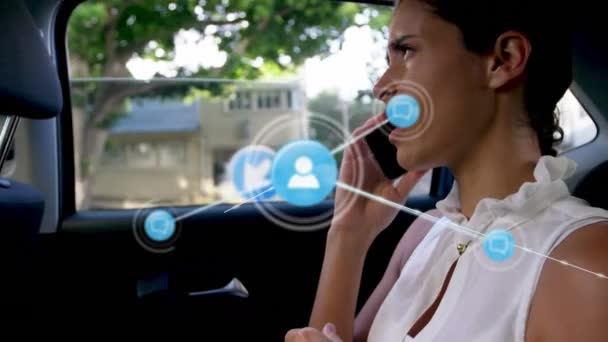 Animation Profile Icons Connecting Lines Caucasian Woman Talking Cellphone Car — Stockvideo