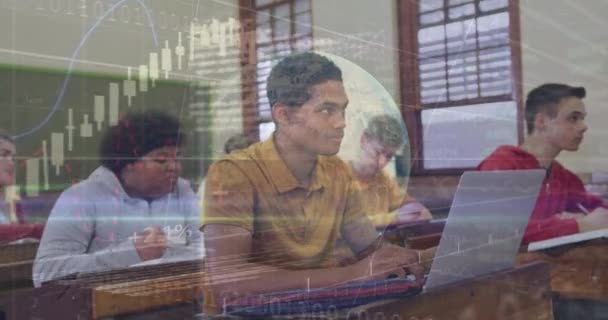 Animation Globe Graphs Programming Data Multiracial Students Using Laptops Classroom — Video