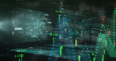 Image of chains over data processing and digital screens. Global business and digital interface concept digitally generated image.