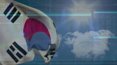 Animation of south korean flag waving against skyscape with cloud, sound waves and data. Digital composite, investment, coding, nature, infographic, patriotism and identity concept.