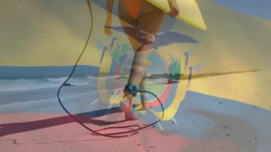Animation of flag of ecuador over african american woman with surfboard on beach. National sport, patriotism and active lifestyle concept digitally generated video.
