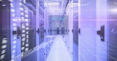 Animation of 6g over neon triangular shapes and data processing against computer server room. Global networking and business data storage technology concept